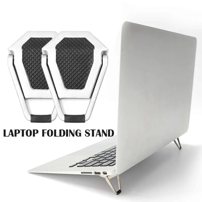 Aluminium alloy folding laptop bracket showing compact 4.8cm height with adhesive backing