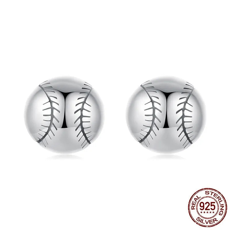 S925 sterling silver baseball stud earrings polished finish silver colour on white background