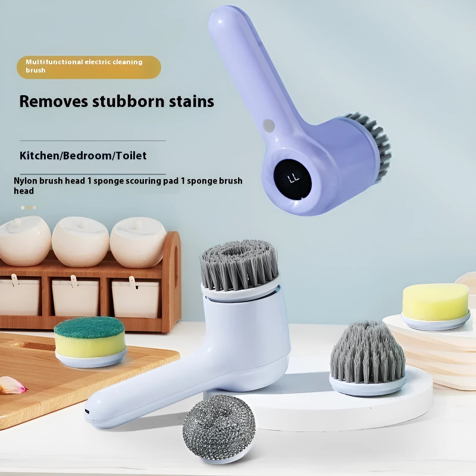 USB rechargeable electric cleaning brush in light grey or purple colour with multiple cleaning head attachments