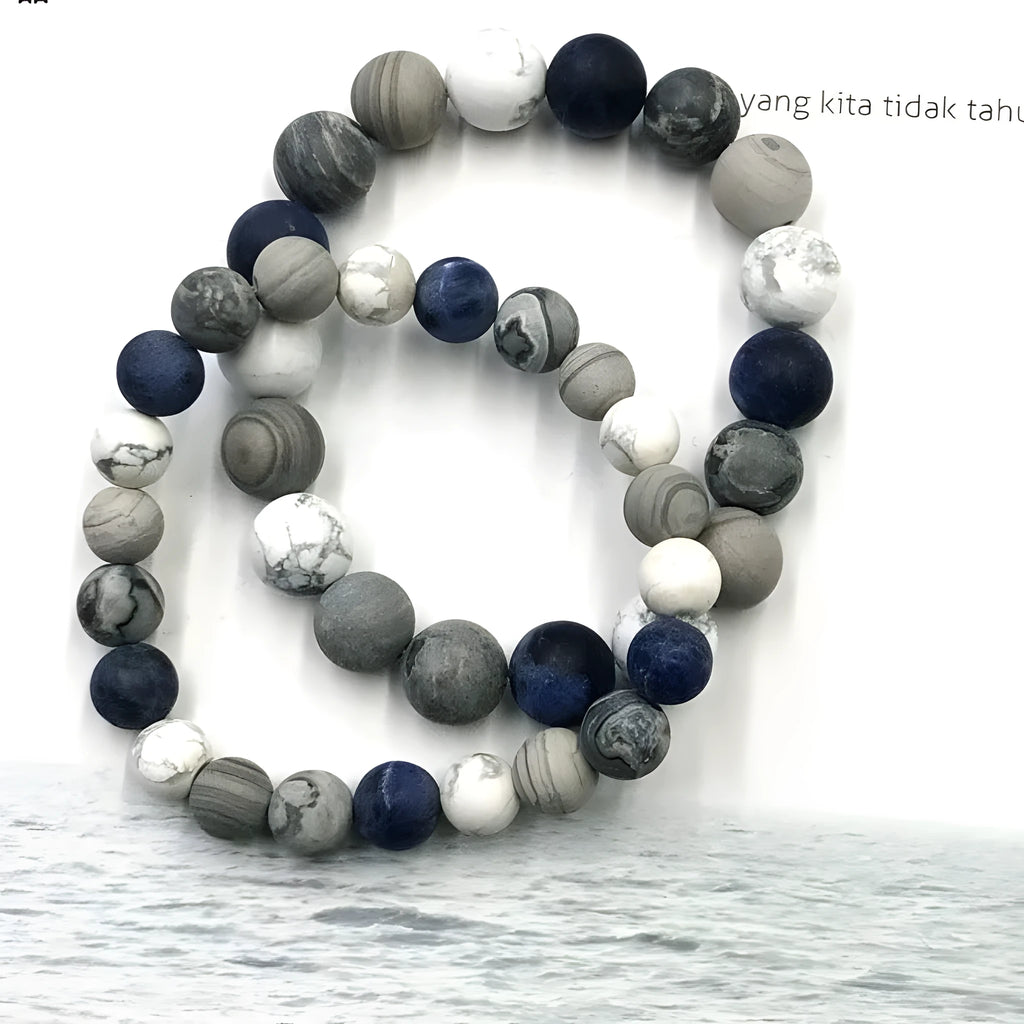 Handmade men's bracelet with planet stone starry design in U-shape, showing bead size options.