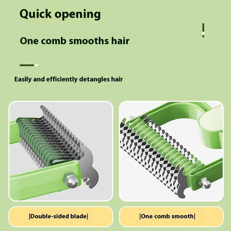 Green and grey dog grooming unknotting comb with stainless steel pins on a plastic handle.