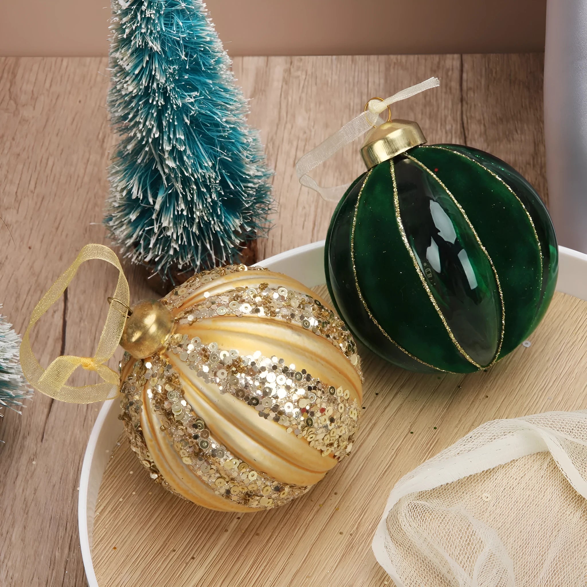 Green and yellow striped flocked glass Christmas ball ornament 80mm