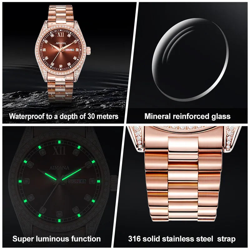 Log Series diamond disc quartz women's watch with steel strip strap, 10mm case, silver or rose shell finish