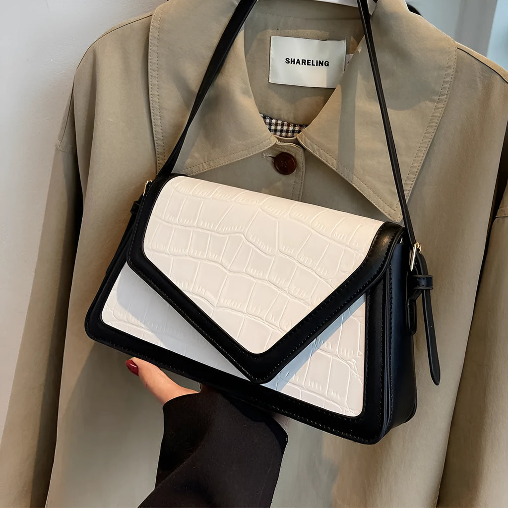 Stone pattern square PU leather one-shoulder bag in horizontal rectangle shape