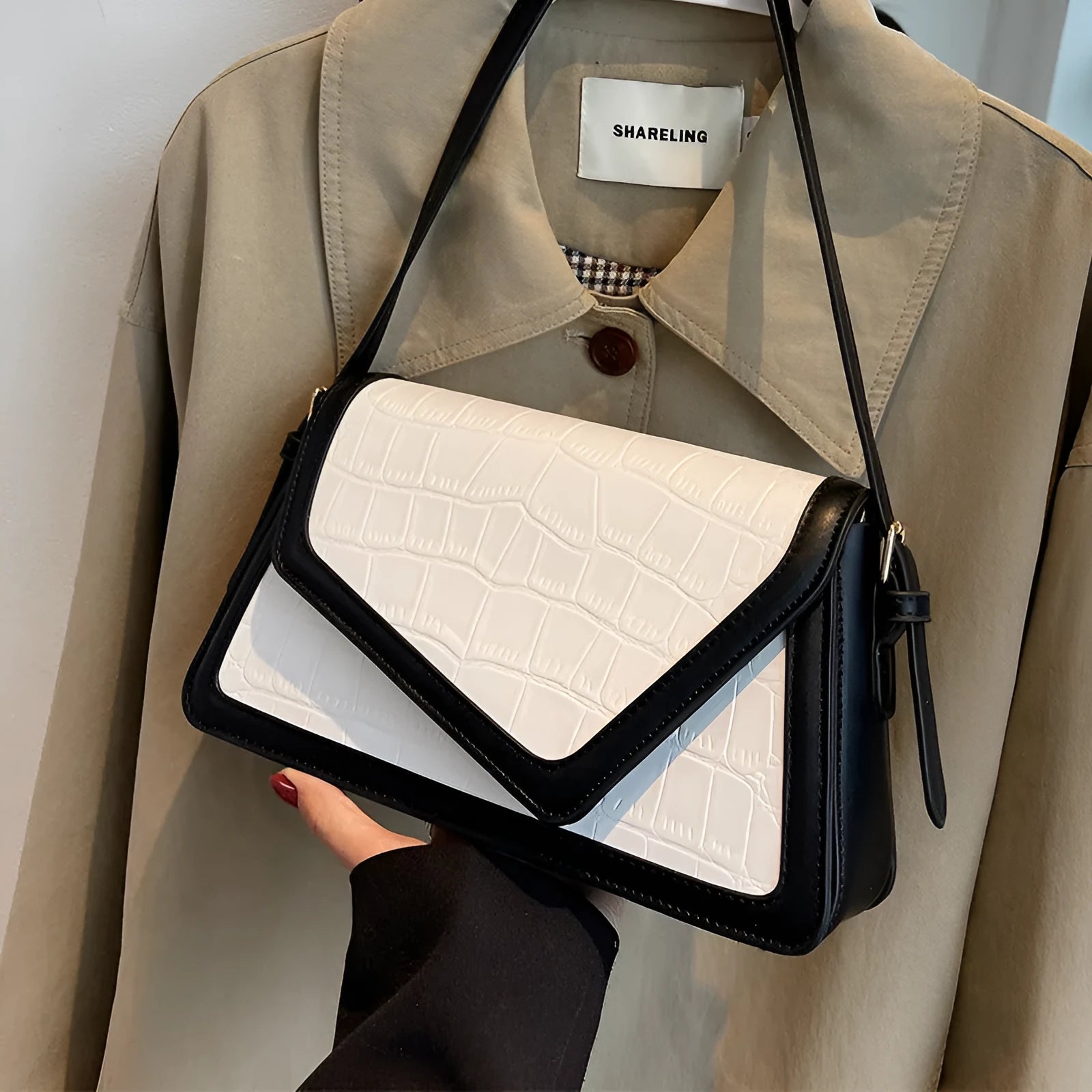 Stone pattern square PU leather one-shoulder bag in horizontal rectangle shape