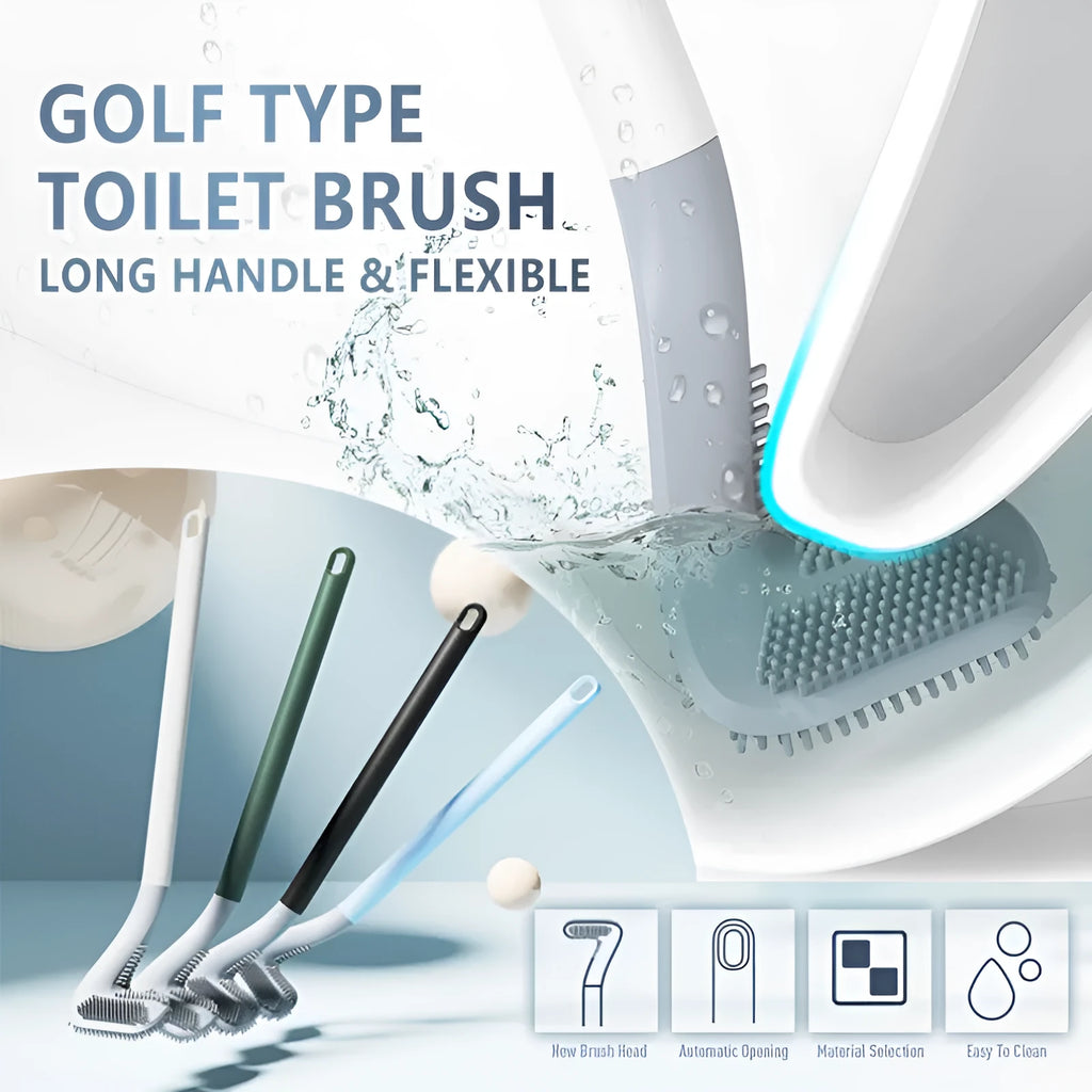 Golf-shaped toilet brush with TPR bristles and long handle, wall-mounted in a bathroom, available in multiple colours.