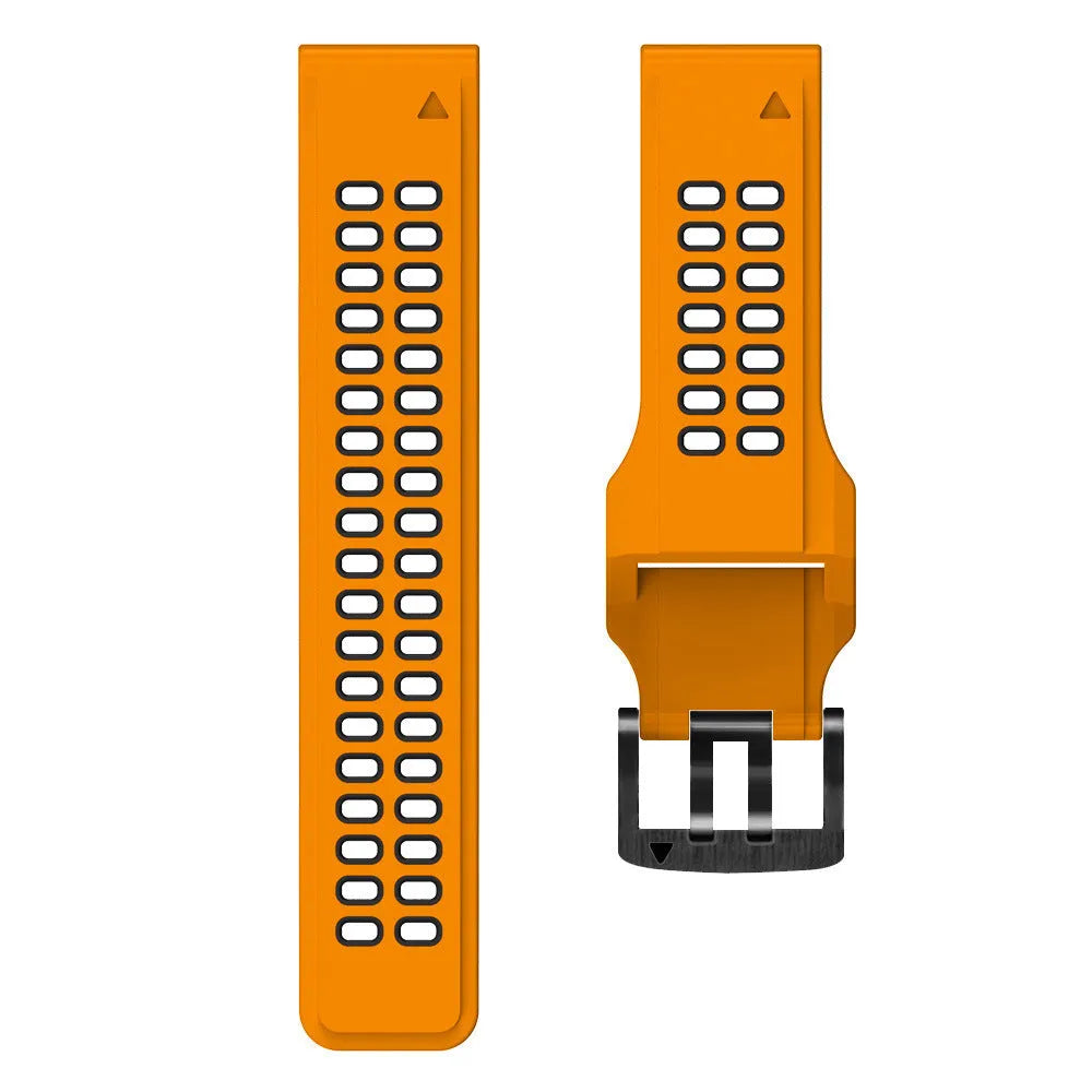 Quick release two-colour silicone watch strap with pin buckle in black and orange