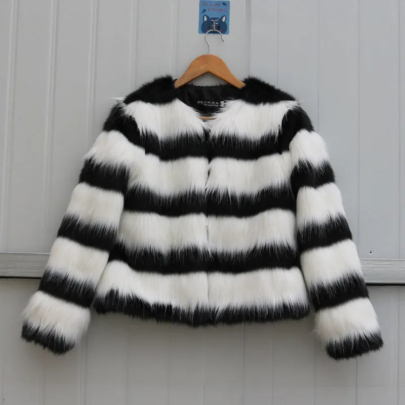 Black and white striped faux fur long-sleeved leather jacket for women