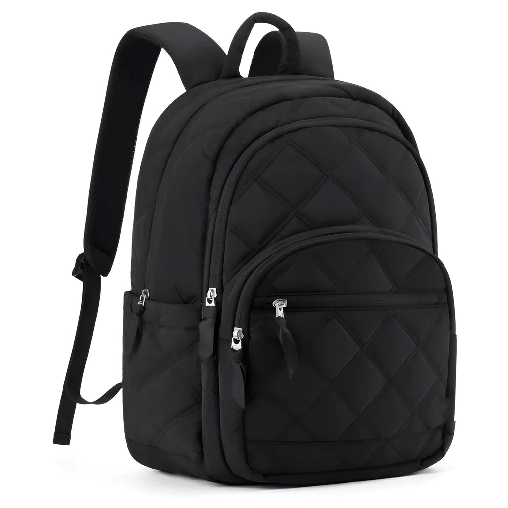 Nylon travel laptop backpack 30x20x44cm in black with air cushion shoulder straps and plaid stitching detail