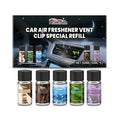 Five small bottles of car air freshener refill oil in a pack showing different coloured liquids for cologne, ocean, vanilla, lavender and citrus scents.