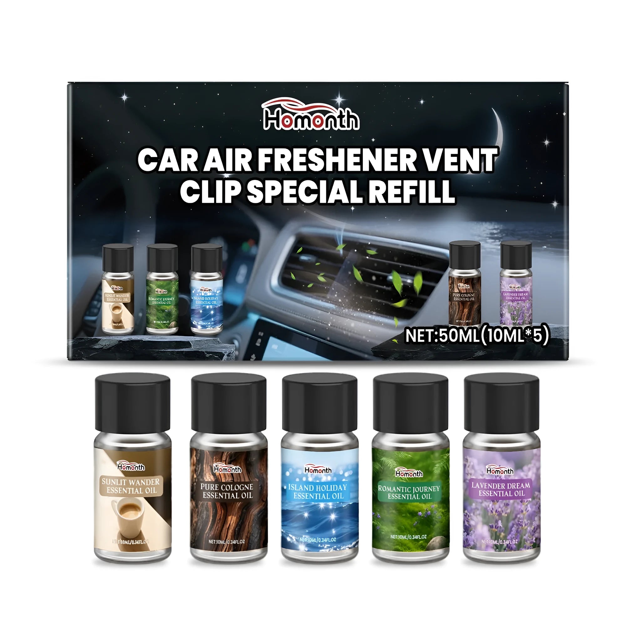 Five small bottles of car air freshener refill oil in a pack showing different coloured liquids for cologne, ocean, vanilla, lavender and citrus scents.