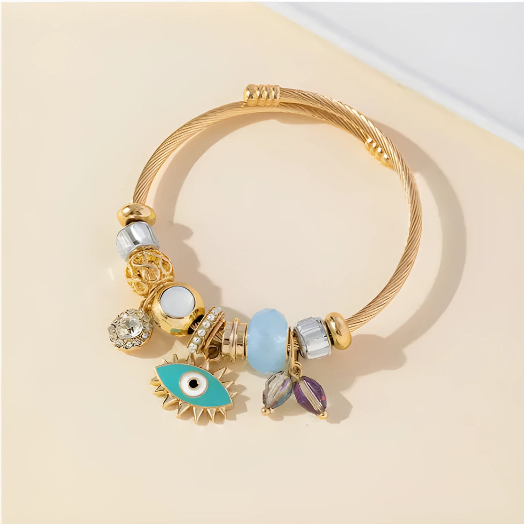 Multi-element stainless steel copper alloy beaded bracelet with diamond-shaped beads and bear charm, unisex design
