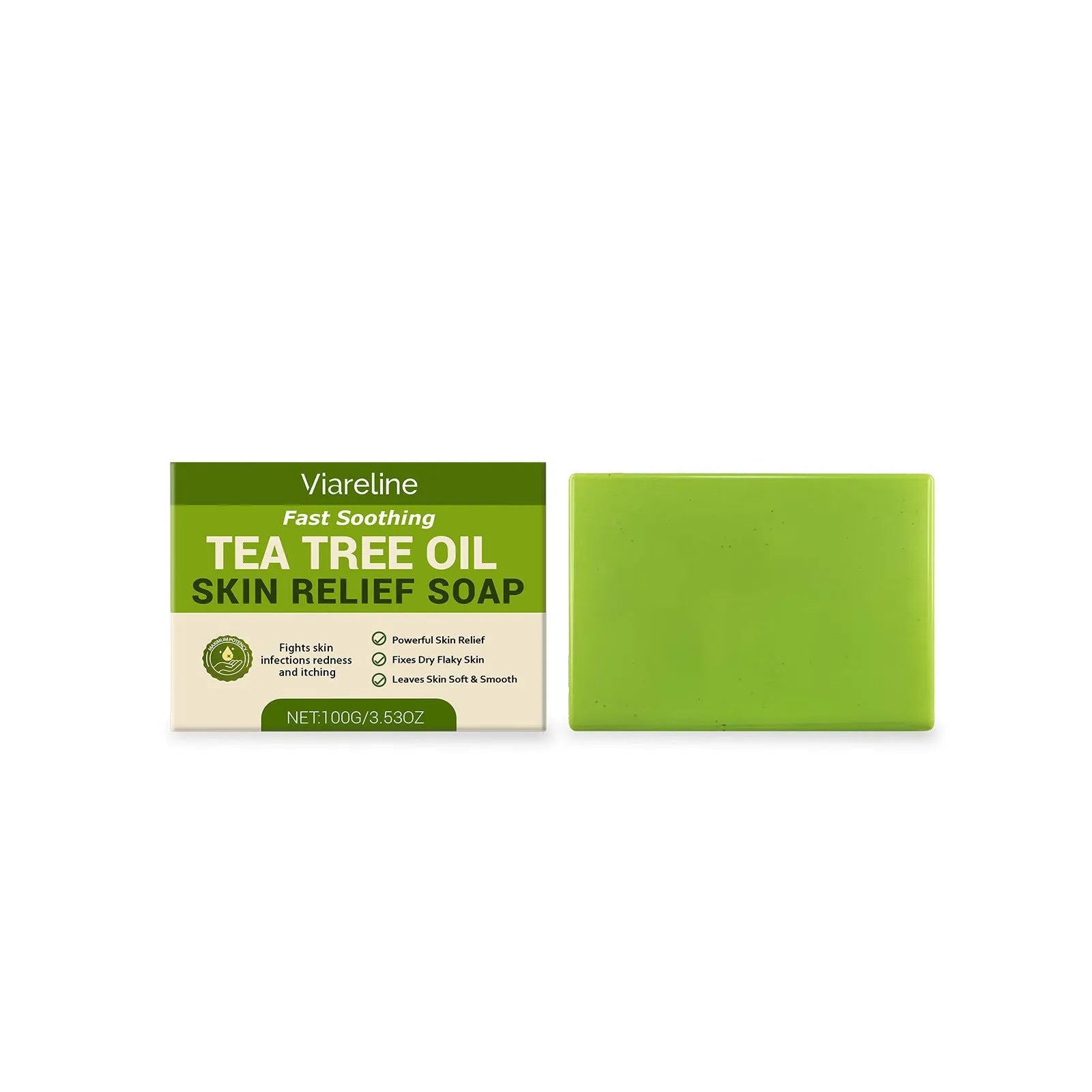 Tea tree oil skin relief soap 100g bar with natural ingredients in simple packaging