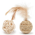 Two cat toys: rattan ball with bell and colourful faux feather ball for interactive play