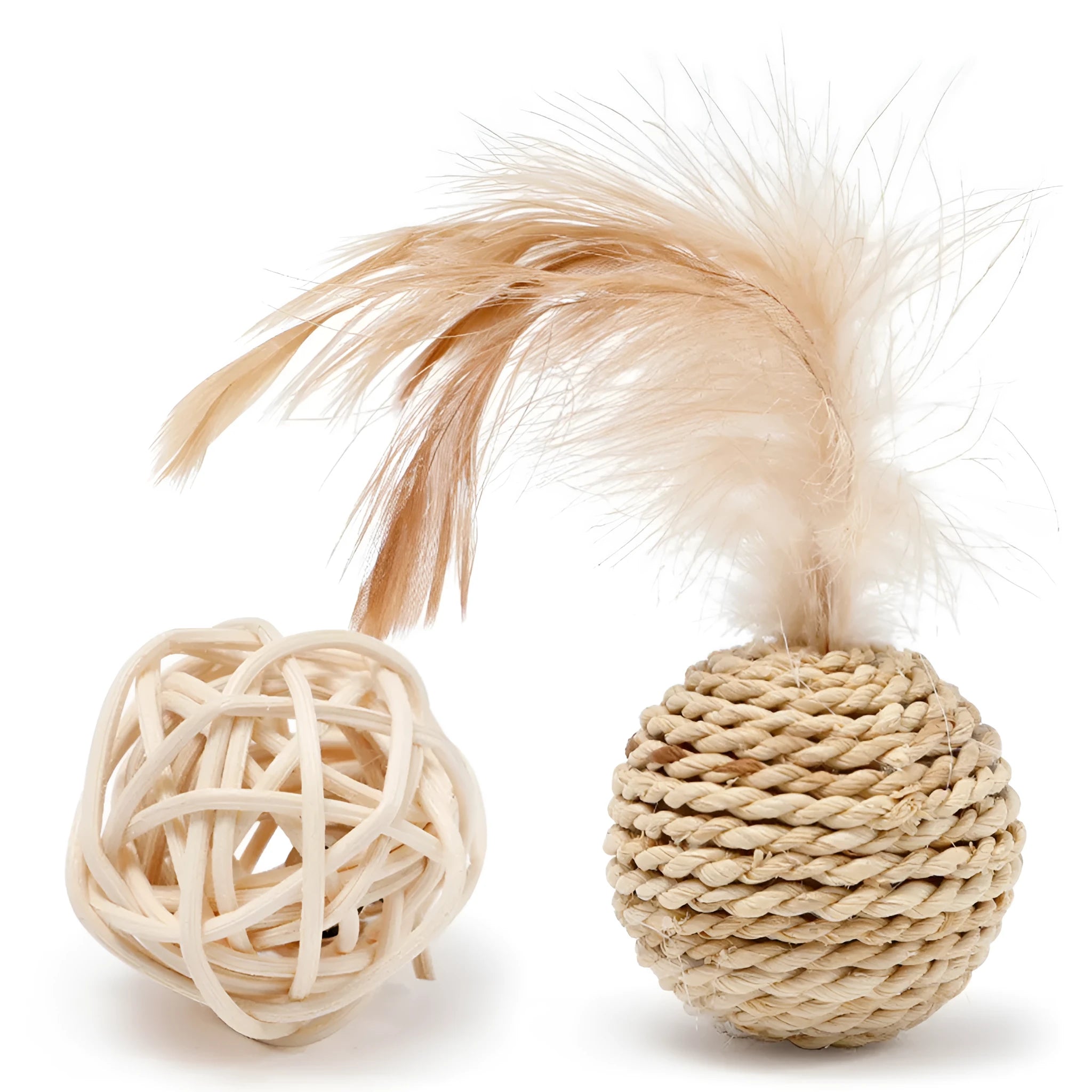 Two cat toys: rattan ball with bell and colourful faux feather ball for interactive play