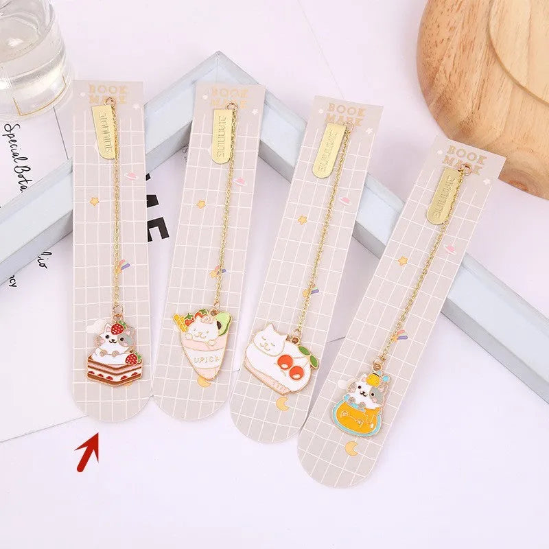 Cat metal pendant bookmark with creative cartoon designs including Strawberry Cake Cat and Cherry Sleeping Cat