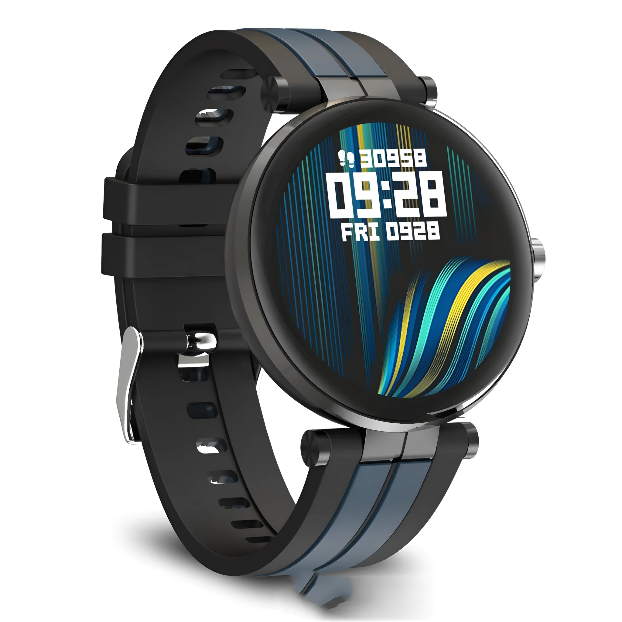 Smart watch with blood pressure monitoring on wrist showing heart rate display and black silicone strap