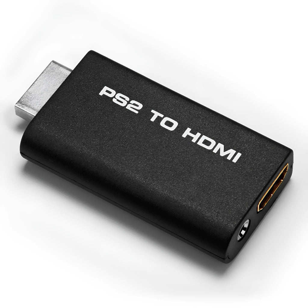 Black PS2 to HDMI audio-video converter with PS/2 interface for PlayStation 2 consoles