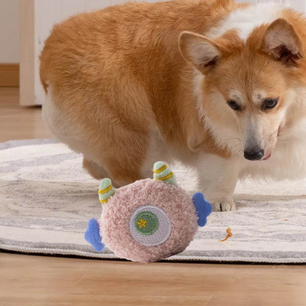 Cartoon plush dog chew toy with big eyes and squeaky sound feature.