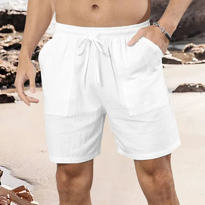 Men's straight leg linen shorts in light blue, black, white, khaki or light grey
