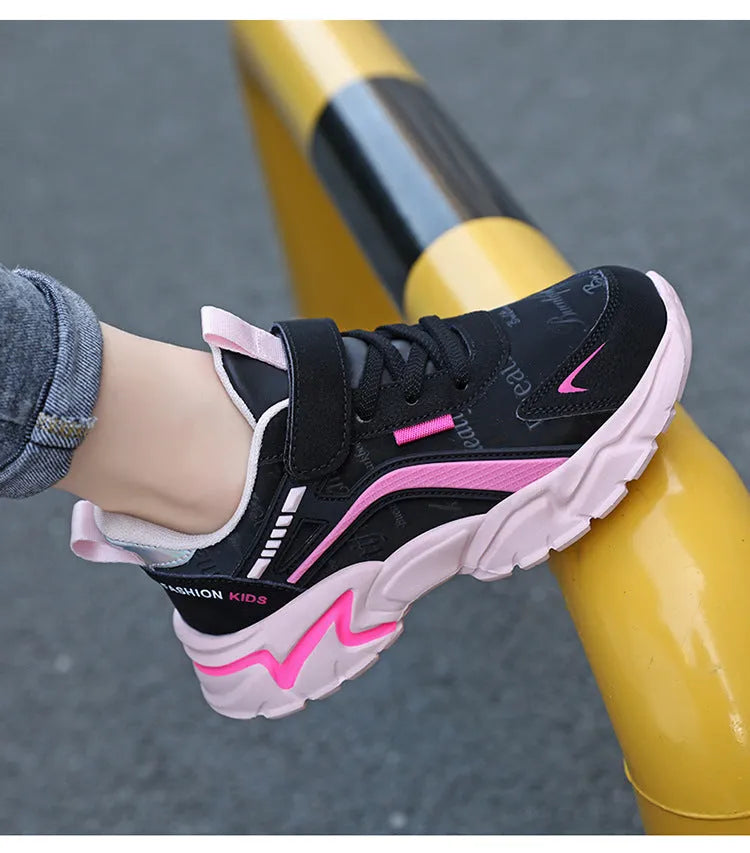 Waterproof leather girls casual sneaker with Velcro fastening, pink upper, and non-slip MD sole