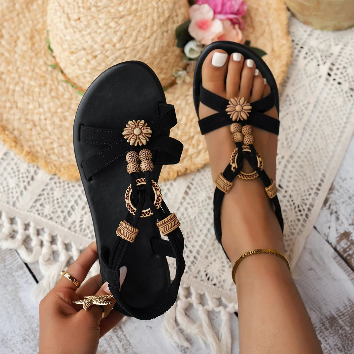 Black ethnic style women's sandals with elastic band, rhinestone decoration, and open toe design