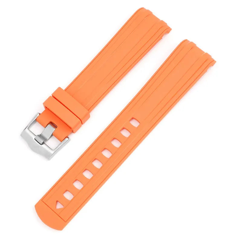 Apple Watch strap with silver buckle in 12 colour options including army green, sapphire blue, and dark red.