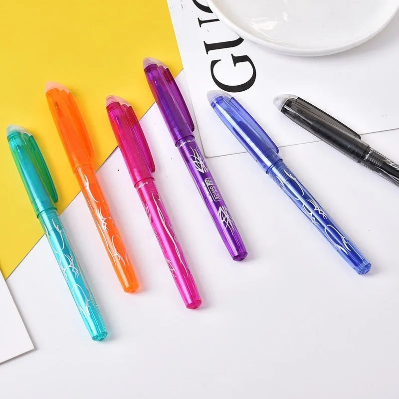 Heat-erasable gel pen set showing multiple colours with stainless steel nibs for temporary writing