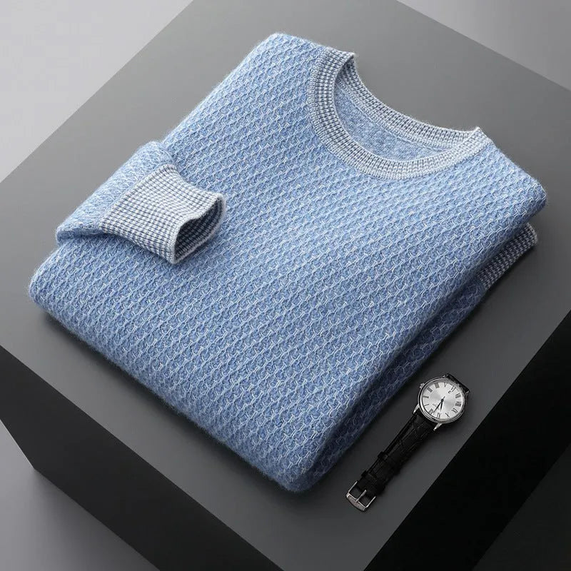Round-neck long-sleeve grid pattern pullover sweater in fancy yellow, business casual winter style