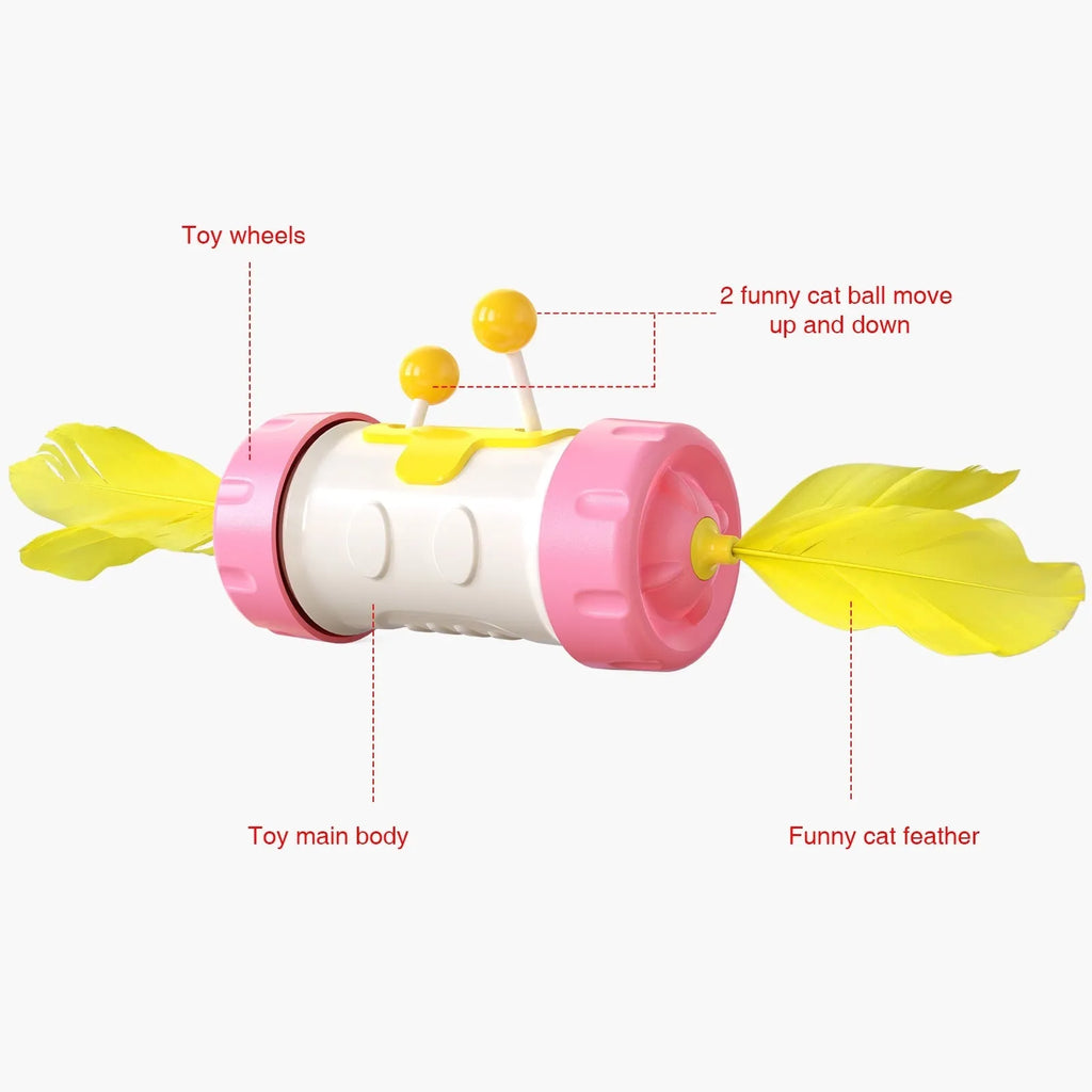 Adjustable cat fishing pole toy with colourful feathers and rolling tumble ball for interactive play