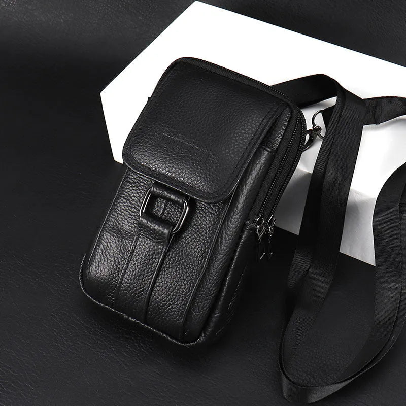 Leather men's mobile phone waist bag in black small size, first-layer cowhide, square vertical shape with sewing line detail