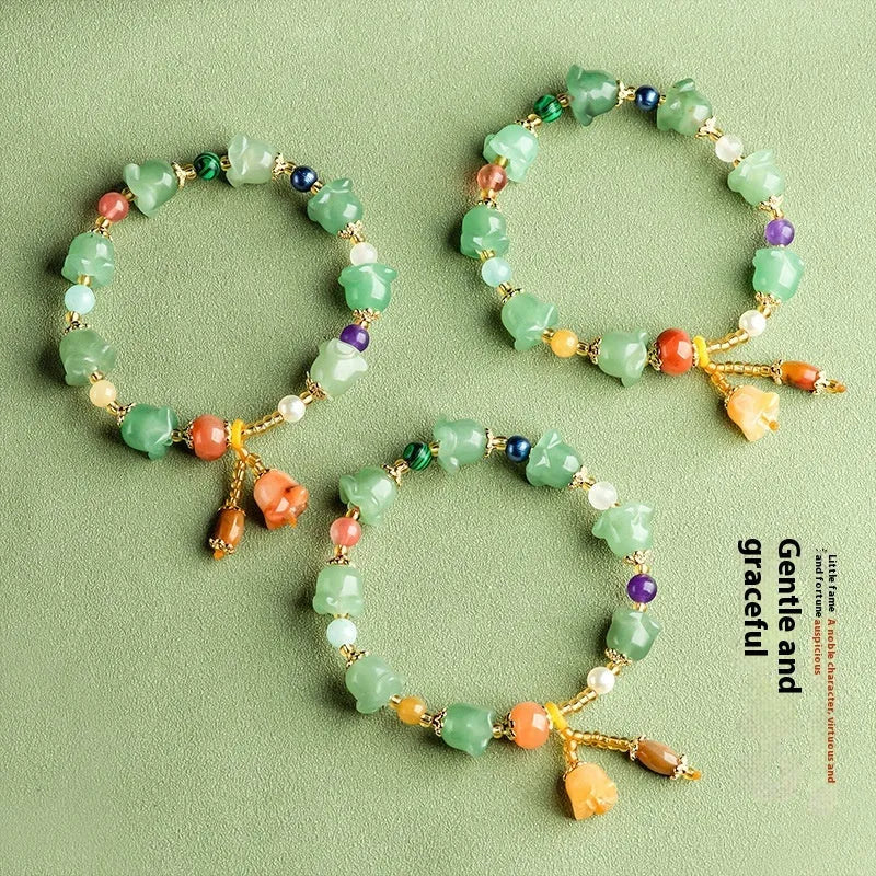 Carved jade bracelet with orchid beads for women's 14-18cm wrists in aventurine orchid colour