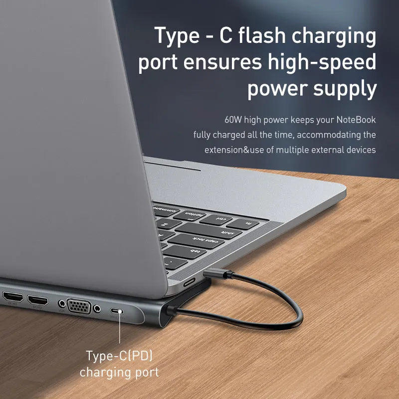 Grey aluminium alloy USB C docking station with ten ports and an integrated cooling bracket.