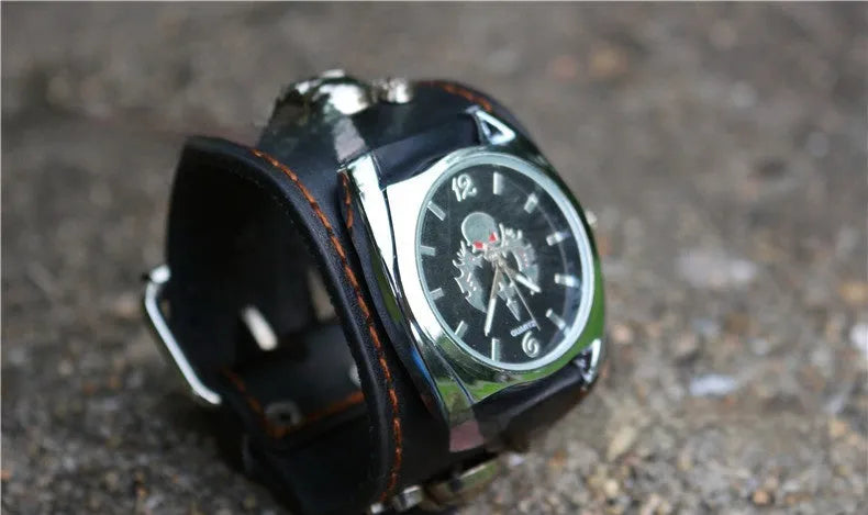 Men's black skull square watch with metal strap on wrist, 10mm thickness