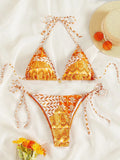 Women's split bikini bandage swimsuit with printing and stitching design in multiple colour options