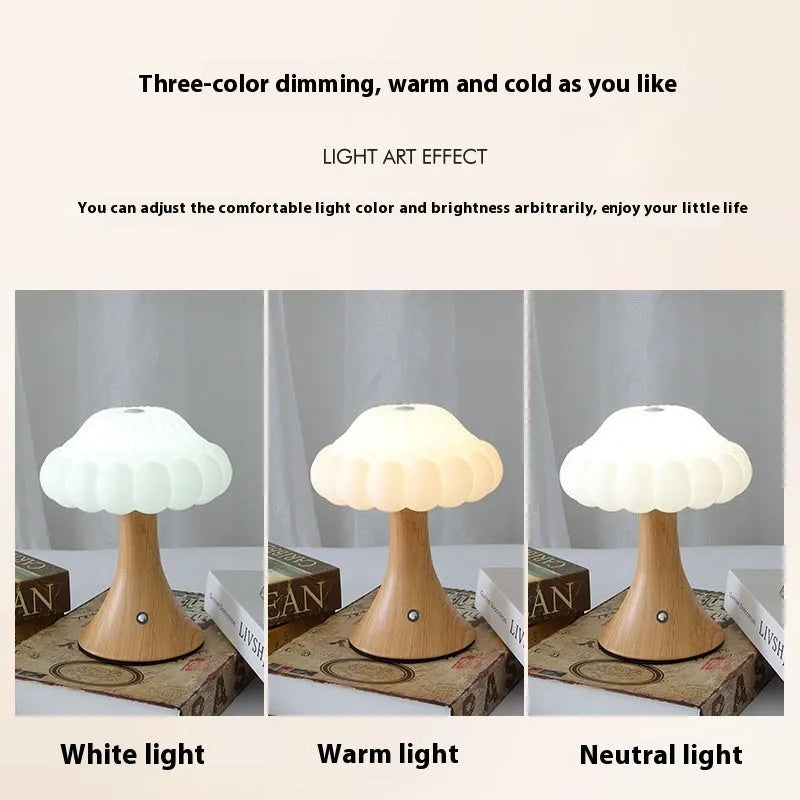 Small mushroom-shaped touch sensor night light showing USB charging port and woodgrain colour finish.