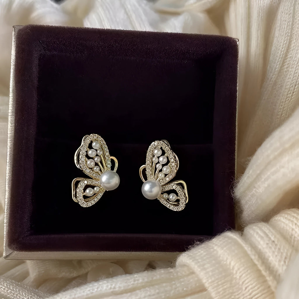 Copper butterfly pearl stud earrings with gold plating and zircon for women