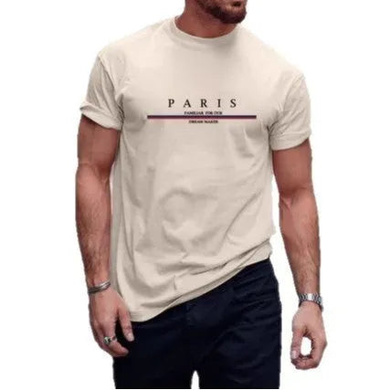 Men's casual cotton T-shirt with letter printing in loose fit, shown in apricot colour
