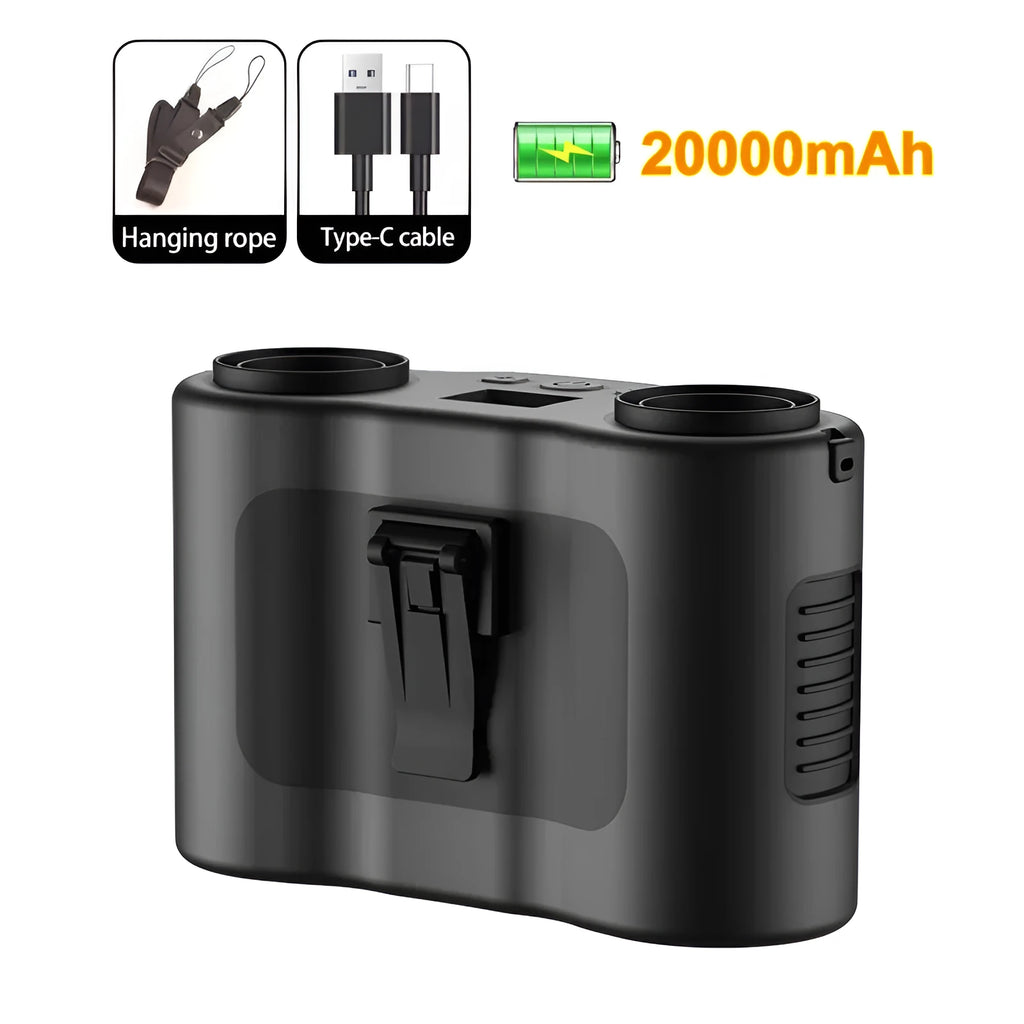 Black waist-hung personal fan with neck lanyard and waist buckle, showing turbine blades and top control button.