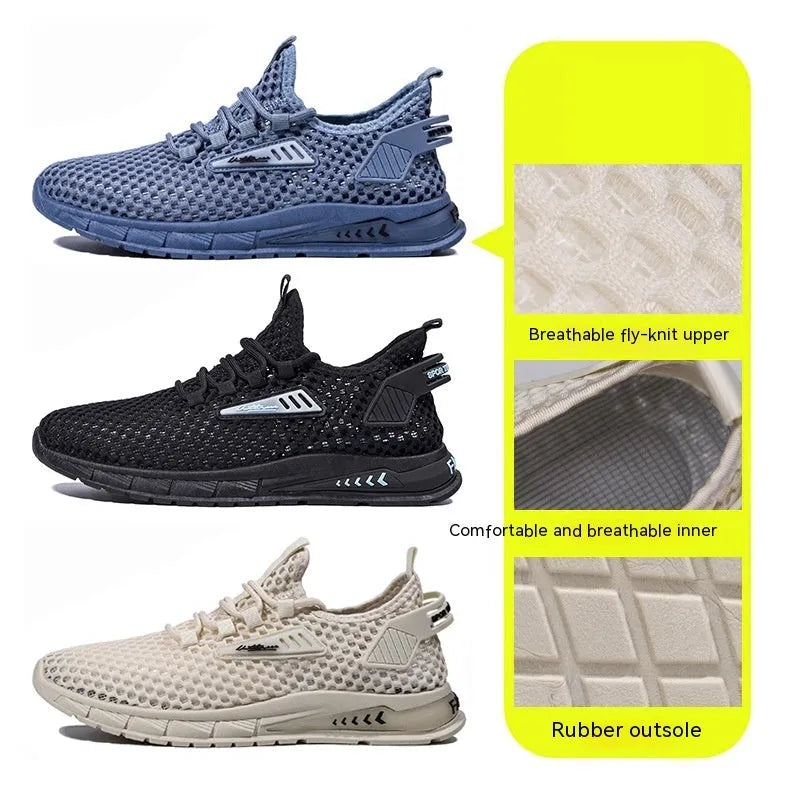 Men's mesh sneaker in beige with synthetic leather upper and front lace-up design