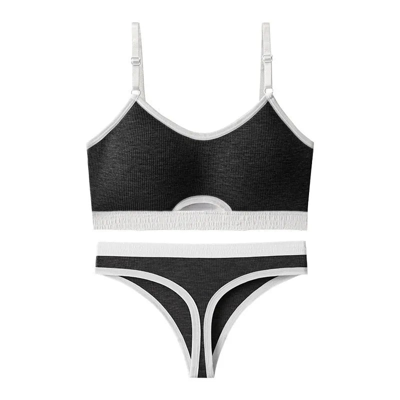 Beauty back sports bra and briefs set in contrasting colour with moulded cup and fixed shoulder straps.