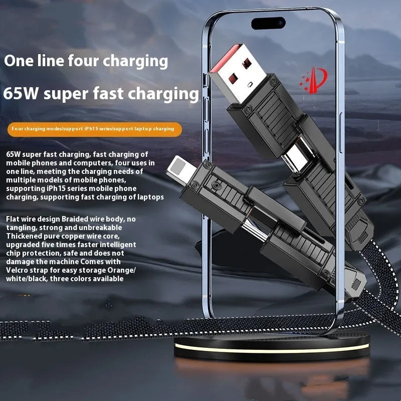 65W woven data cable 1.5m with Lightning and Type-C connectors, two-drag-two design, available in black white orange