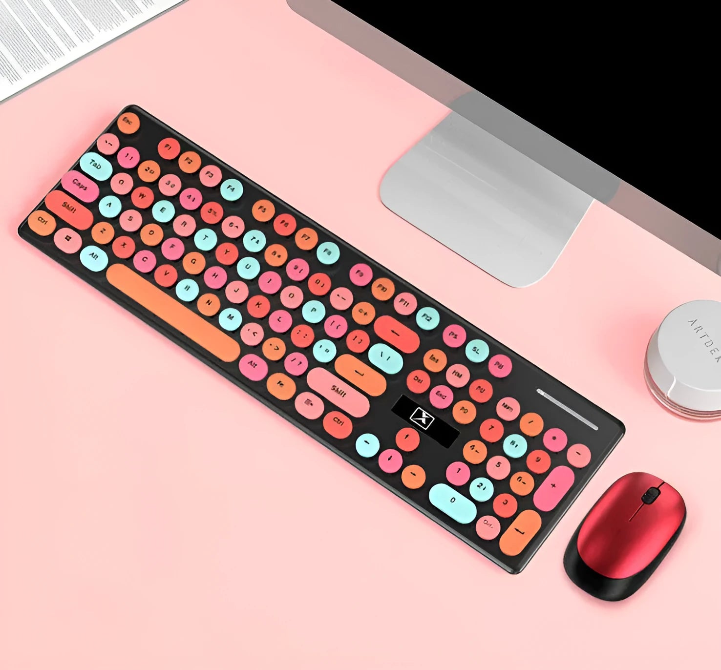 Vibrant yellow wireless keyboard and mouse set on a desk with USB receiver.