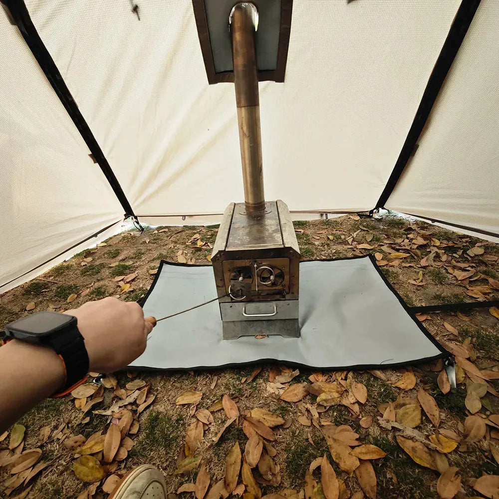 Double occupancy four-season tunnel tent with dome extension, olive green, pitched on grass with external and internal tents visible