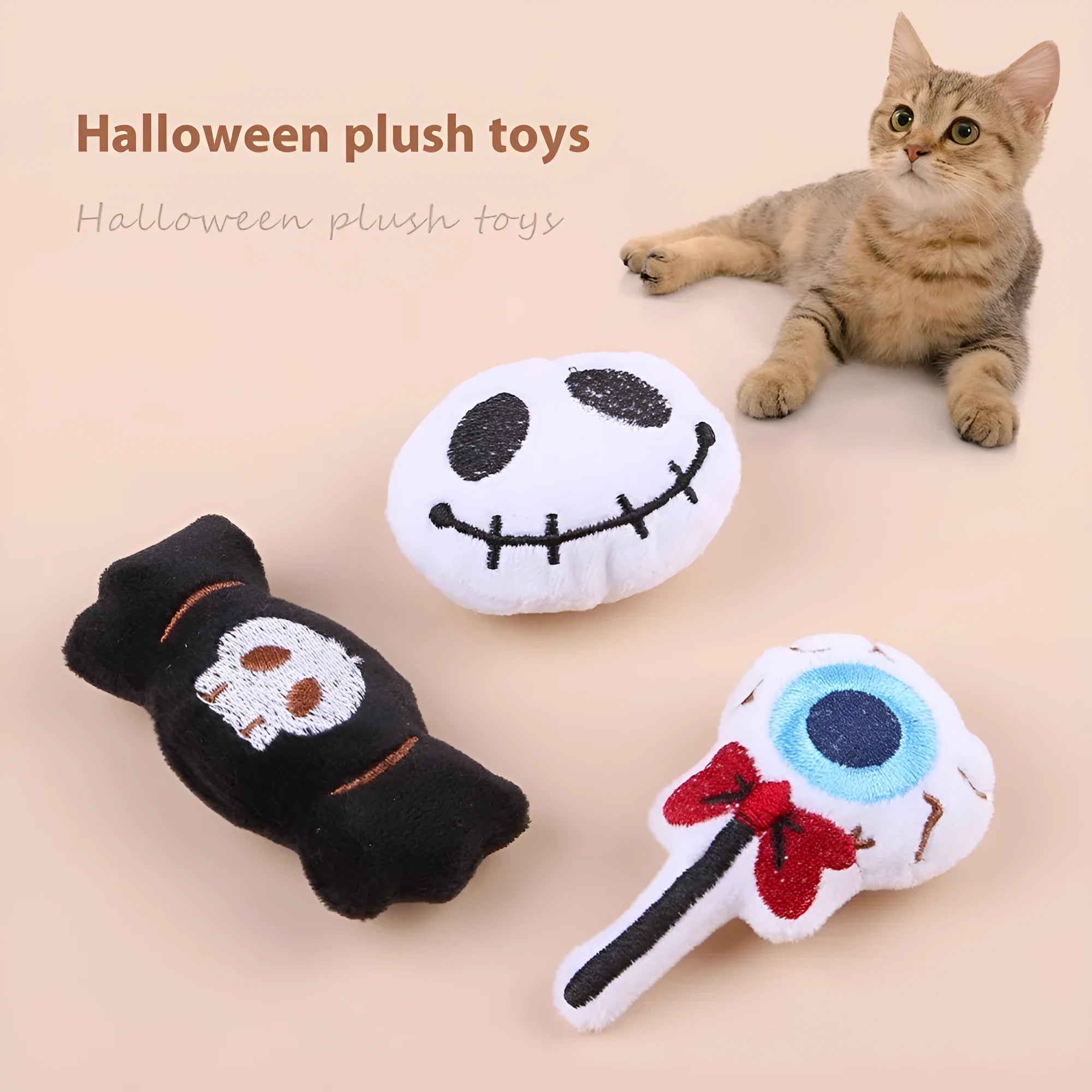 Small plush cat teaser wand toy on a white background, showing eye, candy, and skull design options.