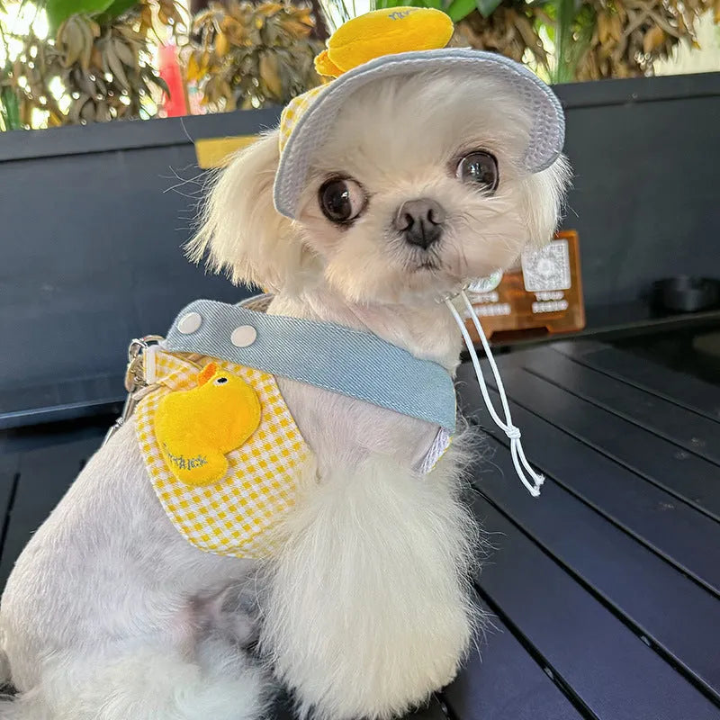 Three-piece pet harness and leash set with wire rope pulling rope and detachable cute hat