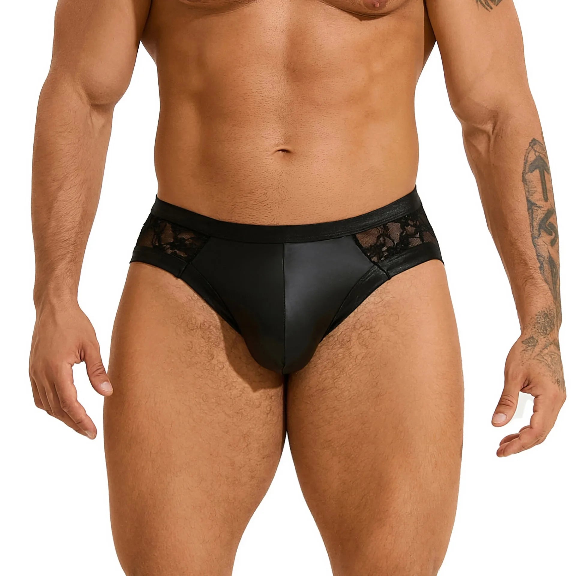 Men's black faux leather briefs with decorative stitching and adjustable side lace-up detailing