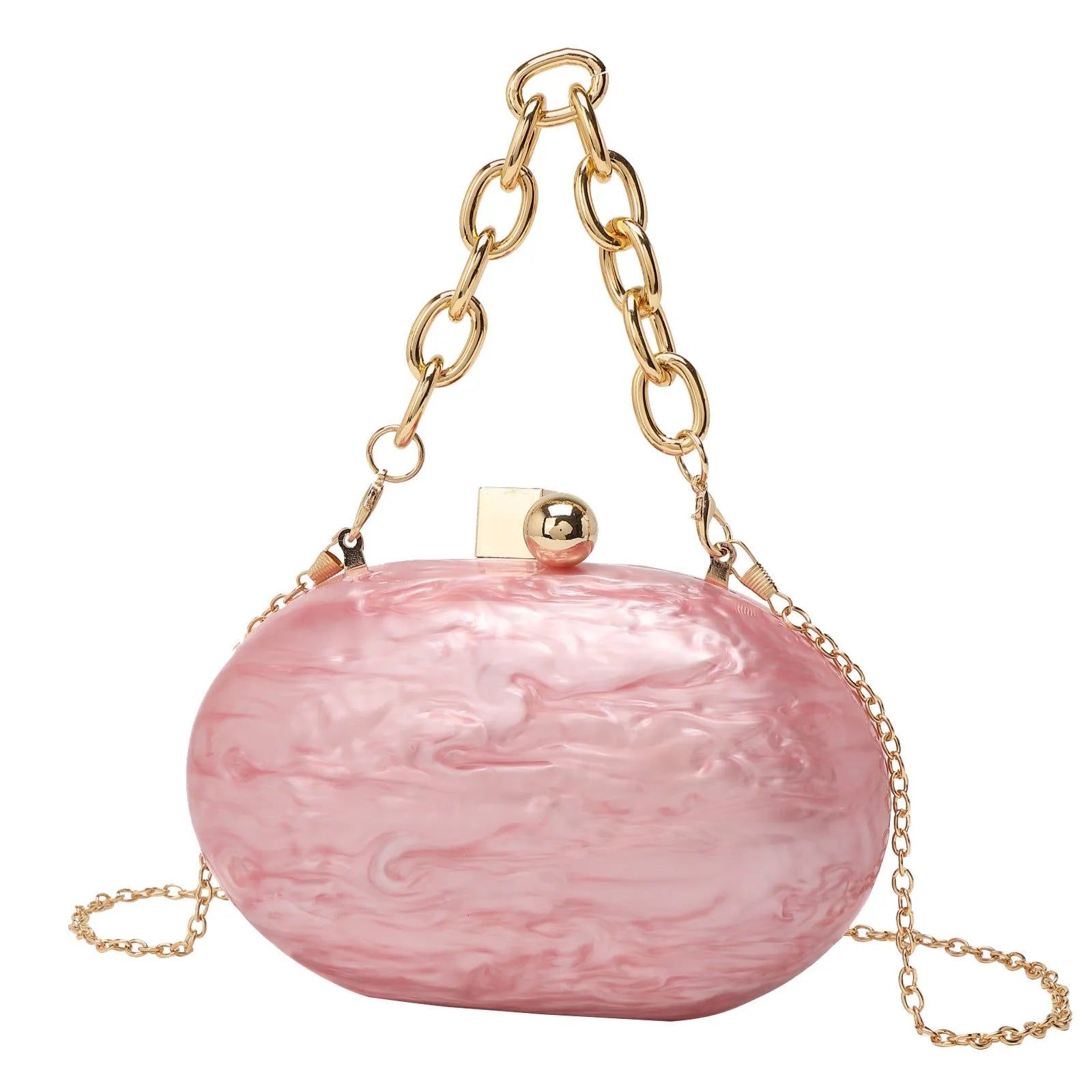 Oval acrylic women's clutch bag with detachable chain in pearlescent colour options