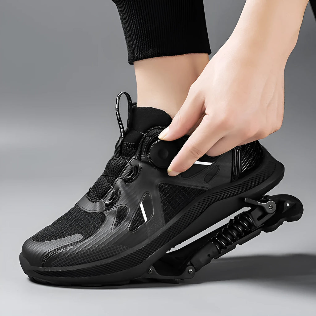 Black running shoes with mesh upper, leather stitching details, and buckle fastening