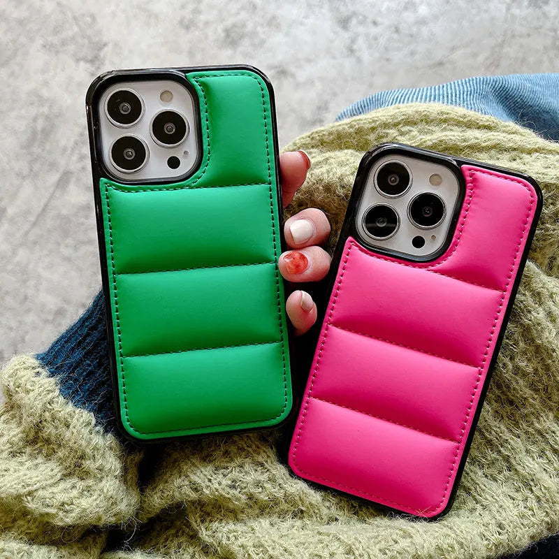 Candy Down Jacket shape phone case for iPhone in black, white, rose red, or green solid colours.